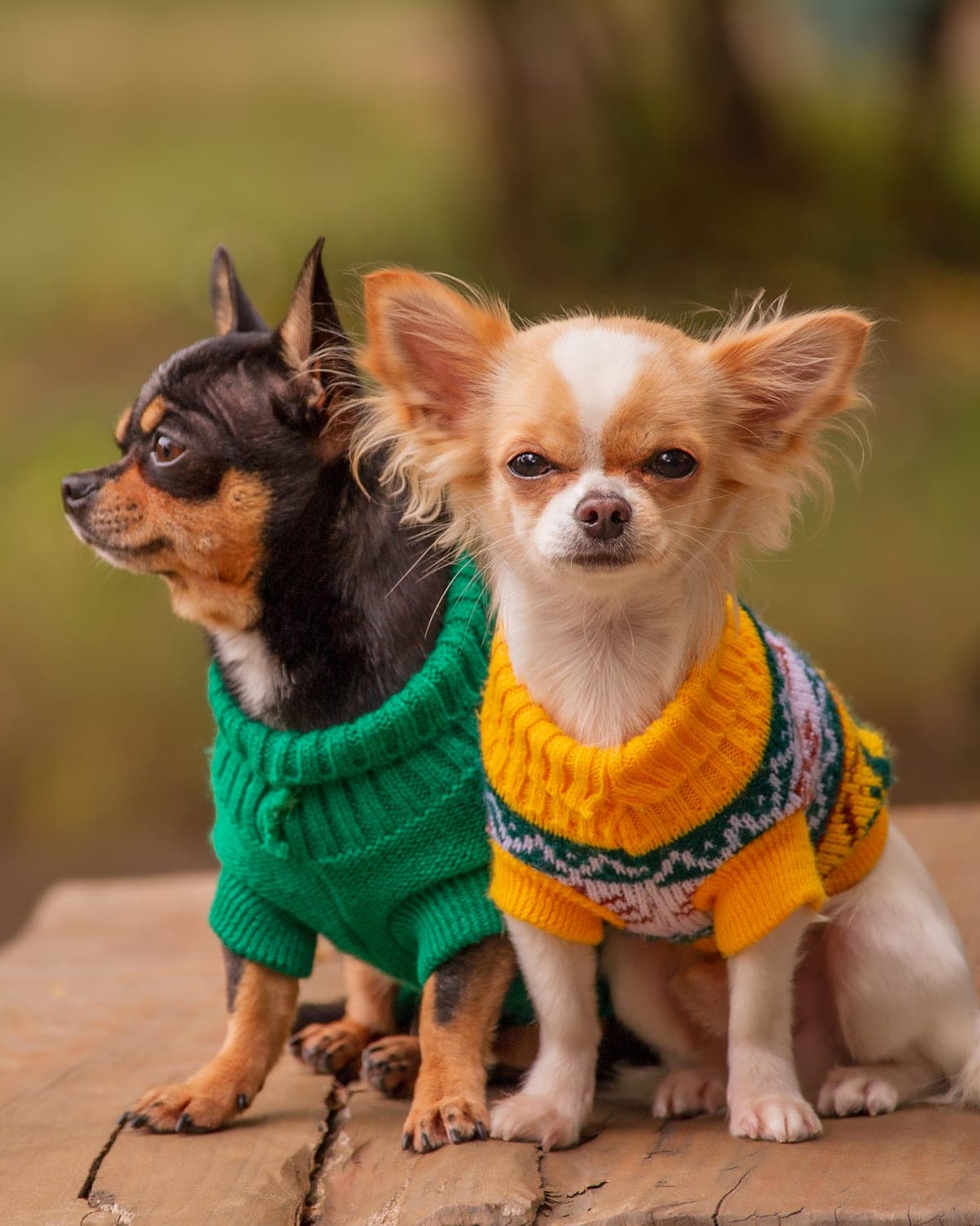 Hai chú chó Chihuahua mặc áo len dệt kim màu xanh lá và vàng
